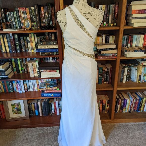 CINDERELLA divine one shoulder white chiffon dress jeweled mesh accents … - Picture 2 of 7